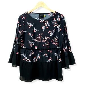 Lysse Women Black Floral Ruffle Blouse Top M Romantic Feminine Holiday Cocktail